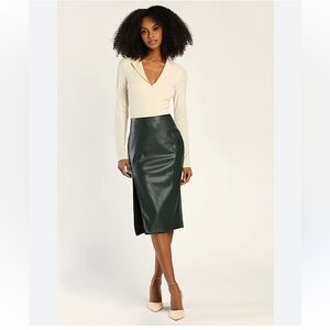Lulus Mireya Midi Vegan Leather Pencil Skirt w/Slit, Black, Size XS NWT